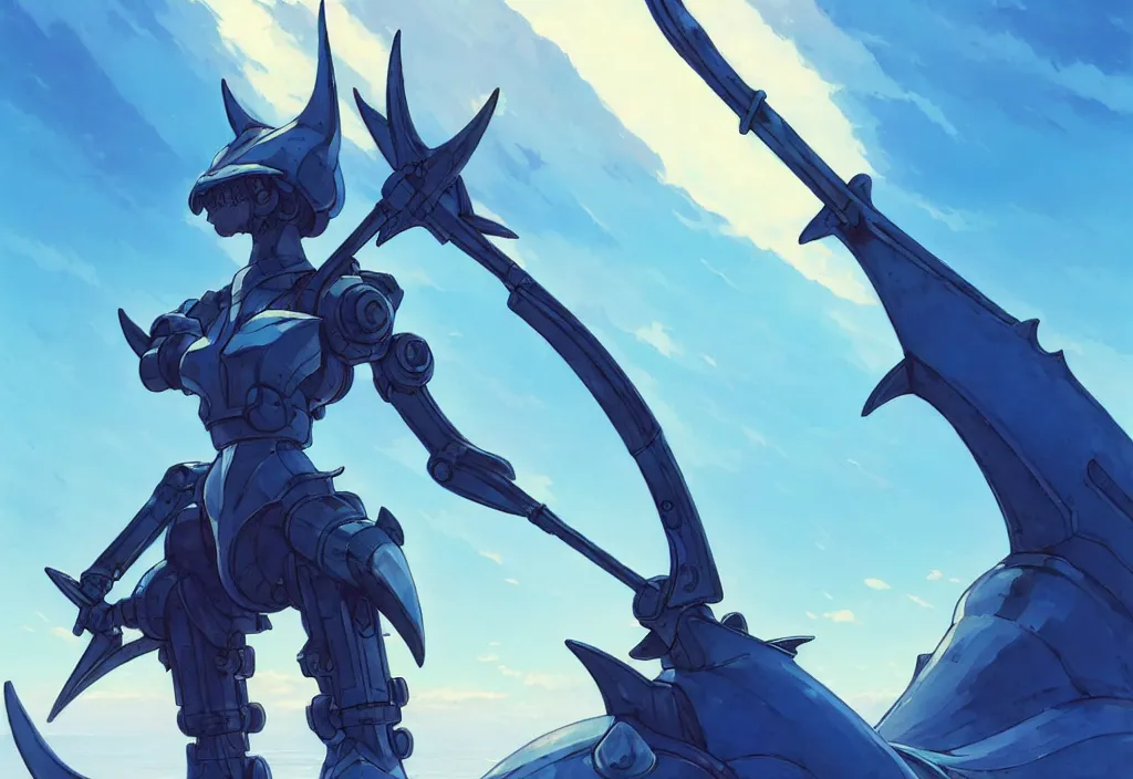 Image similar to close up of a mech armor witch holding a trident, extremely beautiful and aesthetic and detailed cute face and body, back shark fin, big wave horizon, specular reflection, occlusion shadow, dynamic pose, slightly smiling, blue sky, big blade whale and black giants minotaurus, fantasy illustrations, by makoto shinkai and peter mohrbacher and ferdinand knab