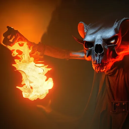 Image similar to an anthropomorphic rat with a rat skull head and glowing red eyes wearing dark robes and floating in blue smoke and holding a blue flame in each bony claw, dramatic lighting, darkness and bright blue smoke, foreboding, photorealistic, sharp focus, 8 k, artstation, artstation hq, greg rutkowski, gregory manchess