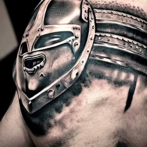 Image similar to close up of a gladiator's helmet, tattoo, tattoo art, Black and grey tattoo style