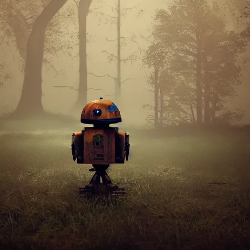 Prompt: realistic render of a small and rusty observation droid in a swamp, eerie atmosphere, fog, cinematic lighting