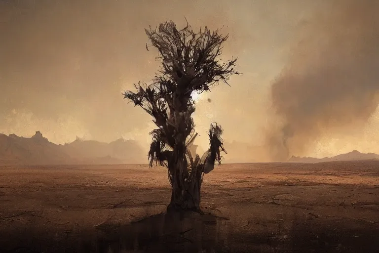 Prompt: matte painting of a burning tree in the desert, by jeremy mann and greg rutkowski, intricate cinematic light, oil on canvas