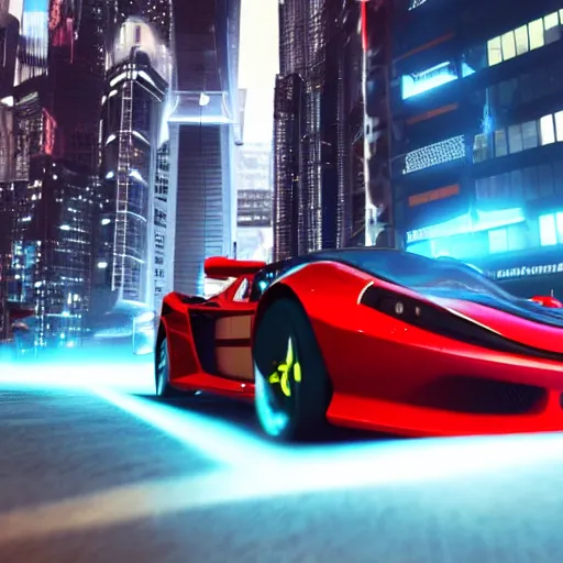 Image similar to hover car, ferrari, cyberpunk, city, night time, unreal engine