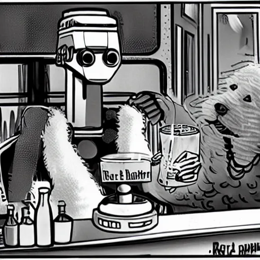 Prompt: a retro robot at the bar orders a drink from a (TY fluffy puppy) bartender.