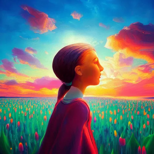 Image similar to girl with a giant tulip head, surreal photography, flower field, sunset dramatic light, impressionist painting, colorful clouds, blue sky, digital painting, artstation, simon stalenhag