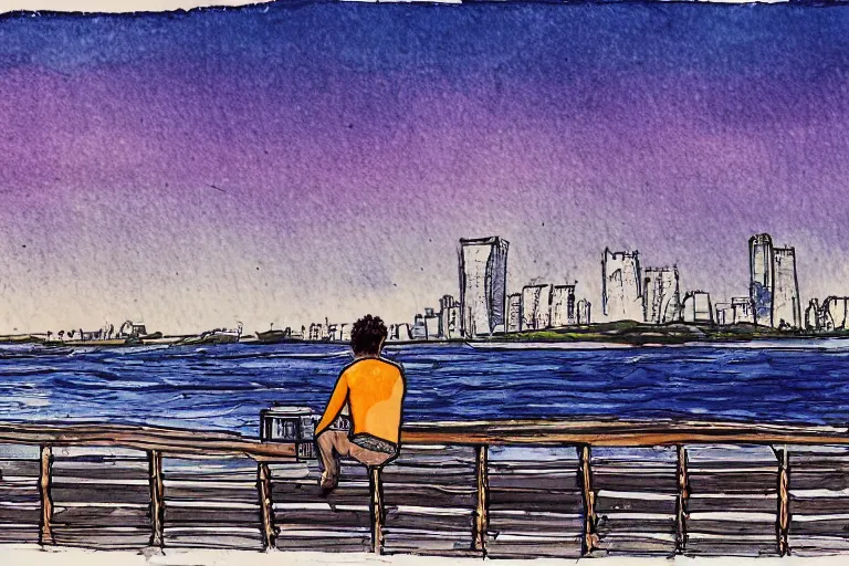 Image similar to A man sitting on a jetty, city in the background, cinematic lighting, copic markers