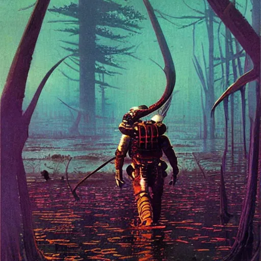 Image similar to sardaukar warrior walking the acid swamps of venus, vintage sci - fi art, by bruce pennington