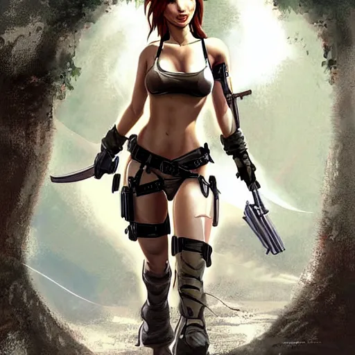 Image similar to concept art illustration of young japanese christina hendricks natalie portman as lara croft anime protagonist, wearing combat warrior fantasy bikini, intricate, elegant, art by artgerm and rosstran, masamune shirow