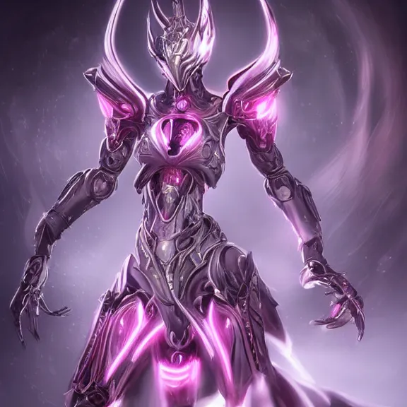 Image similar to highly detailed exquisite fanart, of a beautiful female warframe, but as an anthropomorphic elegant robot female dragoness, robot dragon head with glowing eyes shiny and smooth off-white plated armor, Fuchsia skin beneath the armor, sharp claws, long sleek tail behind, robot dragon hands and feet, standing elegant pose, close-up shot, full body shot, epic cinematic shot, professional digital art, high end digital art, singular, realistic, DeviantArt, artstation, Furaffinity, 8k HD render, epic lighting, depth of field