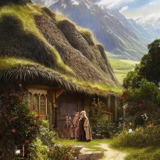 Image similar to a lord of the rings village in large new zealand landscape, shiny colors, high - key lighting, beautiful composition, intricate, elegant, pro photography by, highly detailed, art by artgerm and greg rutkowski and alphonse mucha