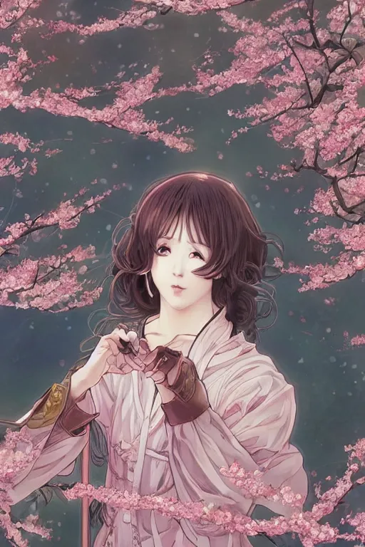 Image similar to anime cottagecore BTS k-pop band, phone wallpaper. intricate, elegant. the background is cherry blossoms !. highly detailed, digital painting, artstation, concept art, smooth, sharp, focus, illustration. . art by artgerm and greg rutkowski and alphonse mucha, in the style of japanese manga