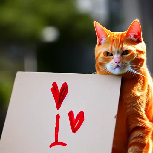 Prompt: orange tabby cat holds sign that says