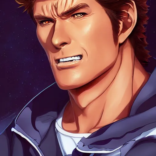 Prompt: An anime portrait of david hasselhoff, by Stanley Artgerm Lau, WLOP, Rossdraws, James Jean, Andrei Riabovitchev, Marc Simonetti, and Sakimichan, tranding on artstation