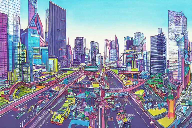 Prompt: Downtown city race by Niroshi Nagai