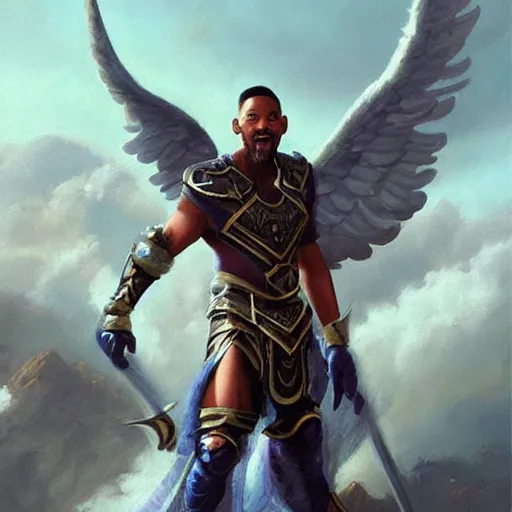 Image similar to will smith dressed as a gladiator and with angel wings fights against demons, matte painting, bold shapes, hard edges, street art, trending on artstation, by huang guangjian and gil elvgren and sachin teng