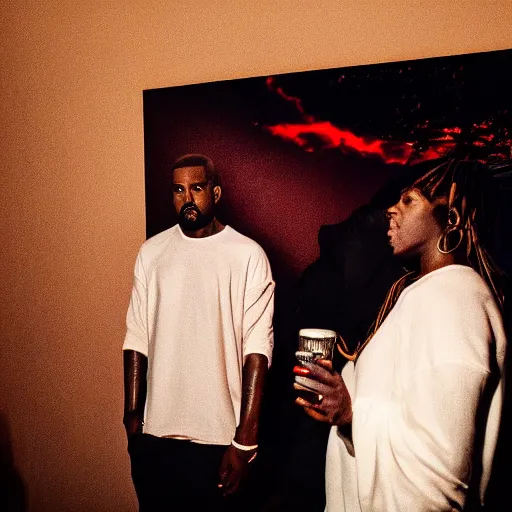 Prompt: A listening party for Kanye West's upcoming album Donda 4, cinematic lighting, dark, moody