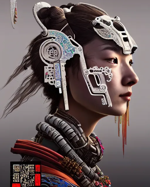 Image similar to portrait of a machine from horizon zero dawn, machine face, upper body, decorated with chinese opera motifs, asian, traditional chinese art, intricate, elegant, highly detailed, digital painting, artstation, concept art, smooth, sharp focus, illustration, art by artgerm and greg rutkowski and alphonse mucha, 8 k