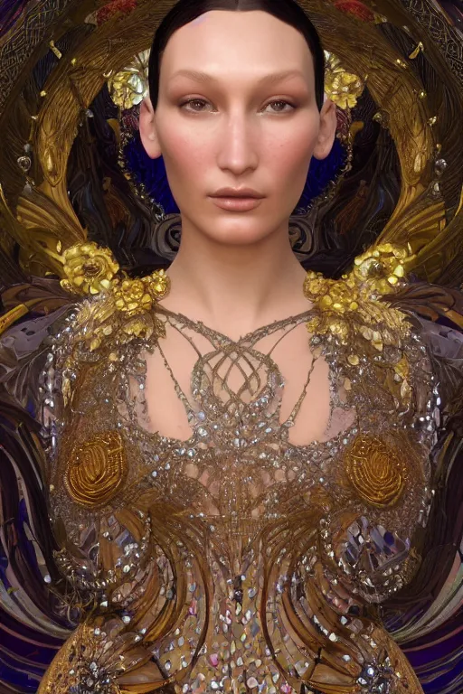 Prompt: a highly detailed portrait of a beautiful goddess bella hadid in iris van herpen dress in diamonds and fractals in style of alphonse mucha art nuvo gustav klimt trending on artstation made in unreal engine 4