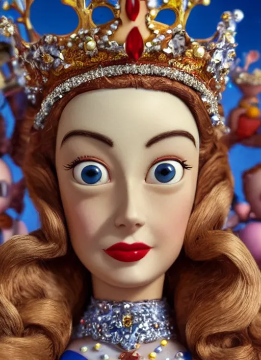 Image similar to closeup face profile portrait of tin toy grace kelly as a fairytale princess wearing a crown eating cakes, bikini, depth of field, zeiss lens, detailed, symmetrical, centered, fashion photoshoot, by nicoletta ceccoli, mark ryden, lostfish, breathtaking, 8 k resolution, extremely detailed, beautiful, establishing shot, artistic, hyperrealistic, octane render