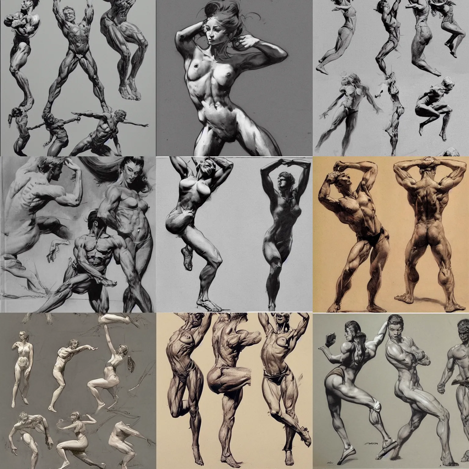 Prompt: anatomy study in dynamic poses by frank frazetta