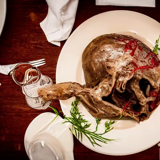 Image similar to gorey horrific mutilated blood soaked human remains and internal organs served at a fancy restaraunt on a fancy plate, gorgeous depth of field professional food photography