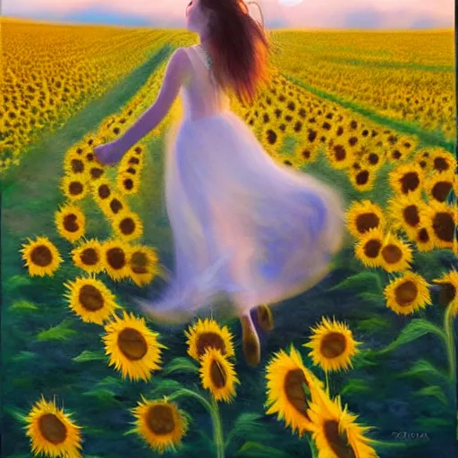 Image similar to a girl slowly running through amazing tall sunflower field, hair flowing, dynamic hands position, fog, early morning lightning, subtle, intricate details, real masterpiece, oil on canvas, by somsak anong