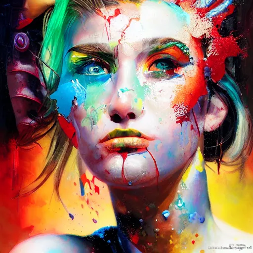 Prompt: a cyberpunk goddess, vi, side portrait, striking, defiant, spotlight, paint drips, paint splatter, vibrant colors, 1 9 years old, beautiful eyes, by marco paludet and gianni strino and marion bolognesi