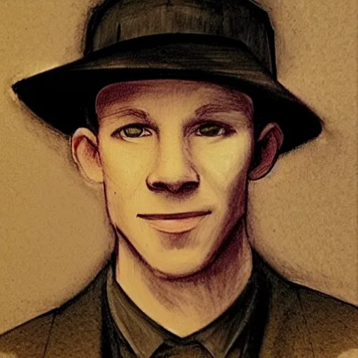 Prompt: ( thirtytsix years old!!!, quirky ) [ [ [ lee evans ] ] ] as [ [ [ tristan thorn ] ] ] ( with a hat ) in stardust ( 2 0 0 7 ), sketch by leonardo da vinci, overcast lighting, high contrast, strong shadows, inspired by robert capa