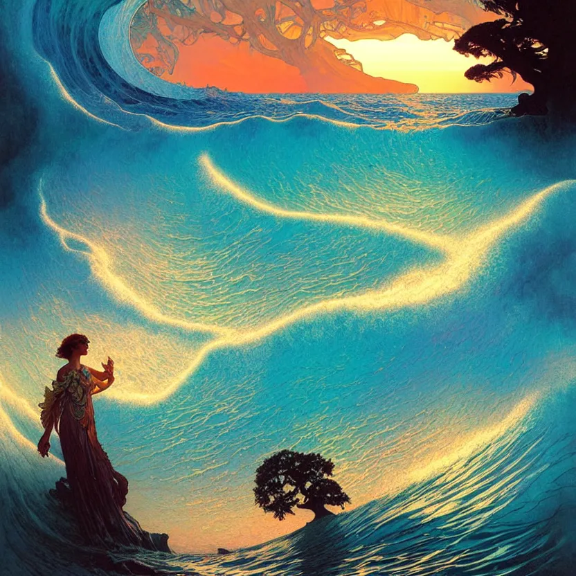 Image similar to ocean wave around ancient sequoia tree, lsd water, dmt ripples, backlit, sunset, refracted lighting, art by collier, albert aublet, krenz cushart, artem demura, alphonse mucha