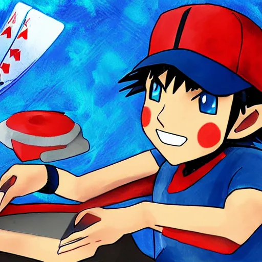 Prompt: ash ketchum playing magic the gathering on a motorcycle, digital art