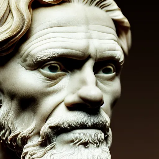 Prompt: Marble statue of Willem Dafoe as God, by Michaelangelo, soft lighting, hyper detailed, 8k