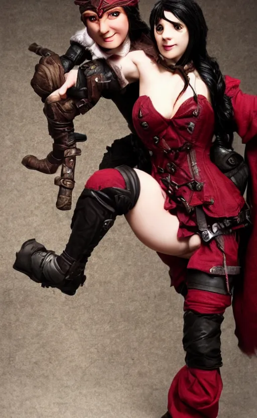 Image similar to epic fantasy d & d female halfling rogue riding on top of mr wobbles, black hair, red leather corset, cinematic, beautiful lighting, heroic