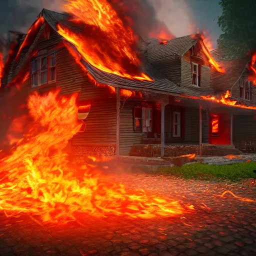 Image similar to a fire mage burning down a house with a fireball, realistic 8 k professional photography, octane, volumetric lighting, 7 0 mm,