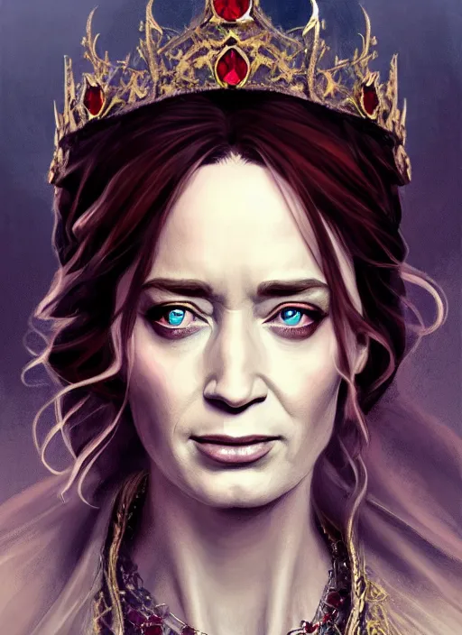 Image similar to portrait of emily blunt as witch queen, jewelry, greek, ruby, victorian age, 1 8 9 0, intricate, headshot, key visual, conceptart, ambient lighting, highly detailed, digital painting, artstation, concept art, sharp focus, by makoto shinkai and akihiko yoshida and greg manchess