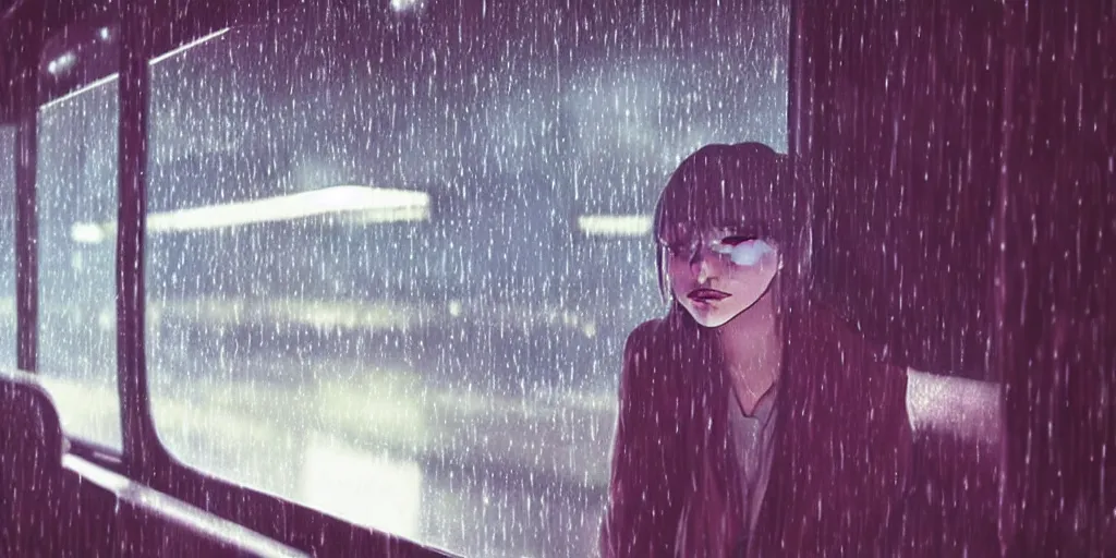 Image similar to Girl sitting in a window seat in a bus at night, raining, cinematic lighting, style by Makoto Shinkai