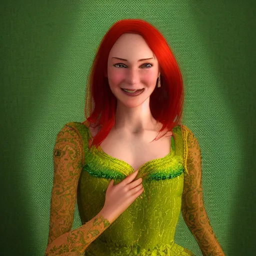 Image similar to Intricate embroidery of a beautiful young woman with red hair and a green dress, smiling by Mary Dimary and Craig Mullins, Golden Background, Fabric texture, Golden thread, intricate patterns 4k, 8k, HDR
