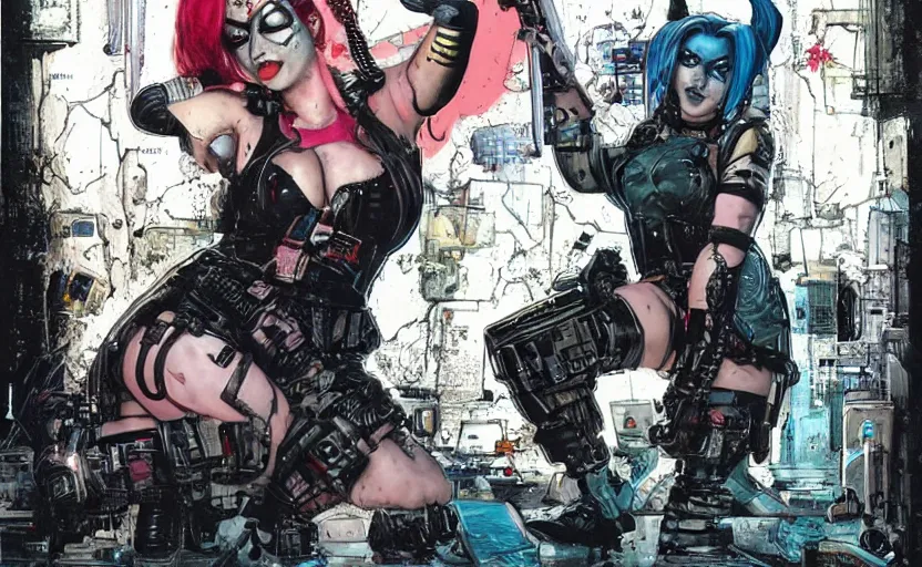 Image similar to a dream portrait of cyberpunk Harley Quinn in post apocalyptic Gotham art by Paul Dini, Travis Charest, Simon Bisley