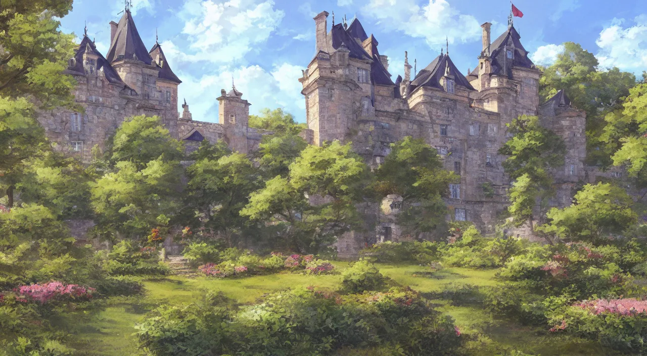 Prompt: a landscape painting of a French castle, with a garden, in the style of anime, trending on artstation