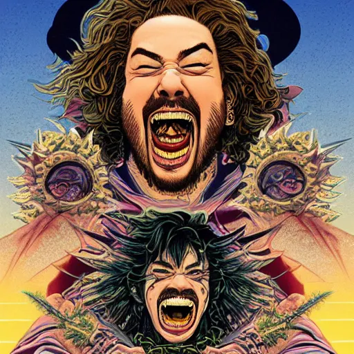 Image similar to portrait of post malone laughing, symmetrical, by yoichi hatakenaka, masamune shirow, josan gonzales and dan mumford, ayami kojima, takato yamamoto, barclay shaw, karol bak, yukito kishiro