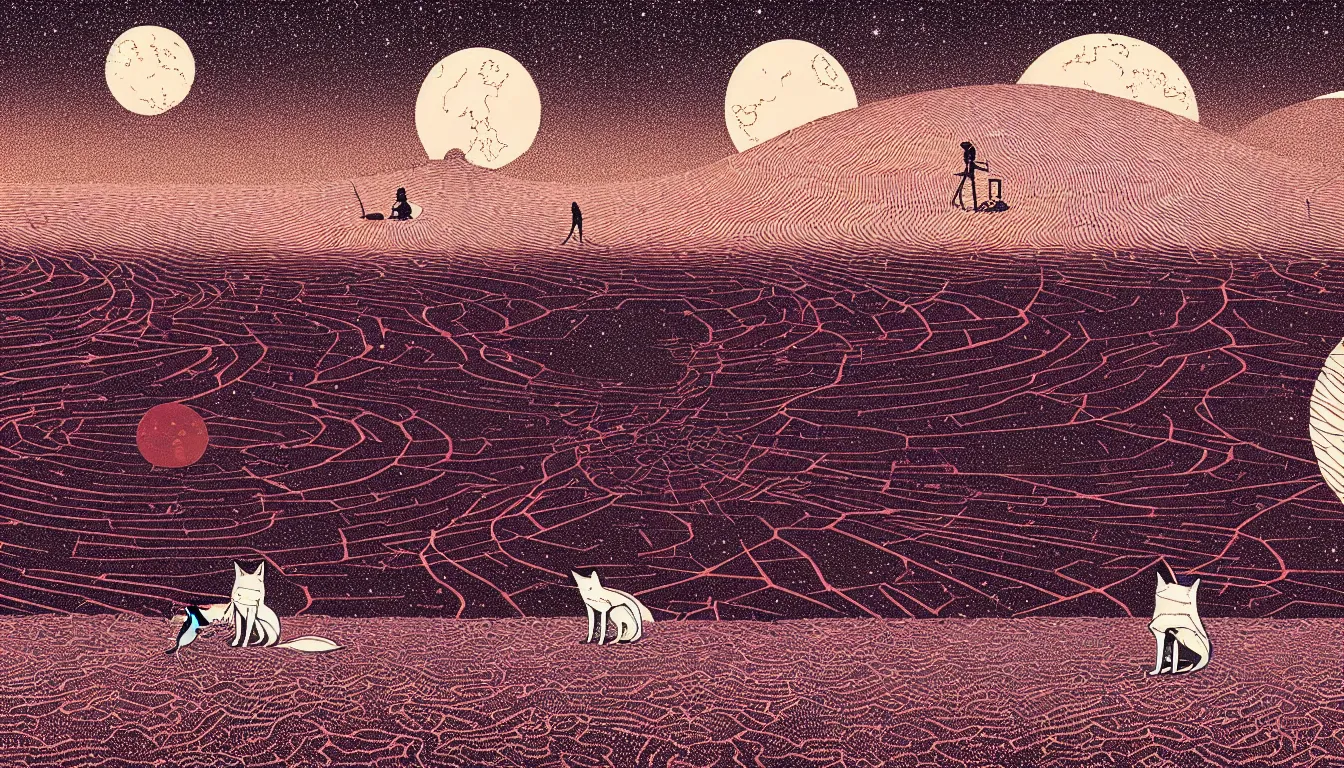 Image similar to a single fox and a robot rover standing on a red desert looking at the night sky by woodblock print, nicolas delort, moebius, victo ngai, josan gonzalez, kilian eng