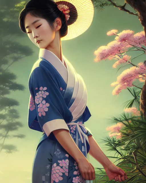 Image similar to a beautiful okinawa girl wear elegant yukata in festival | | summer night, realistic shaded, pleasant face, good looking, fine details, 4 k realistic, cryengine, realistic shaded lighting poster by greg rutkowski, magali villeneuve, artgerm, jeremy lipkin and michael garmash and rob rey