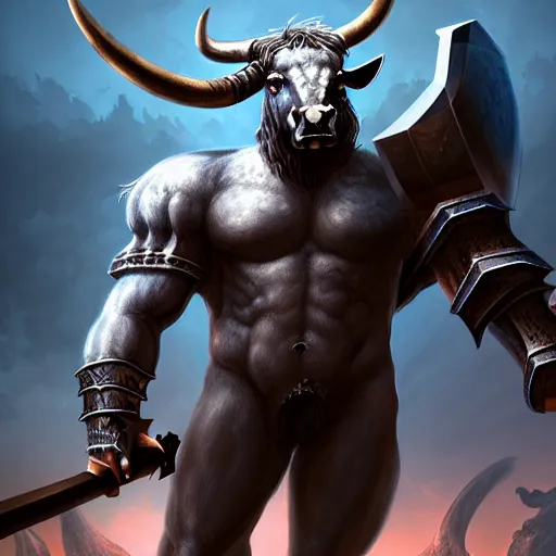 Image similar to epic bull headed minotaur beast armored with giant axe, silver metal, artwork, vivid colors, concept art, greek mythology, detailed, modern design, dark fantasy, digital painting, artstation, d&d