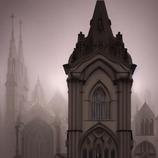 Image similar to victorian church in the middle of the city, dark, misty, at night, 8 k, detailed, concept art, trending on artstation