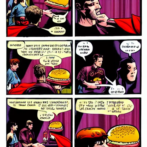 Prompt: A Comic Book Page of a Hamburger Superhero