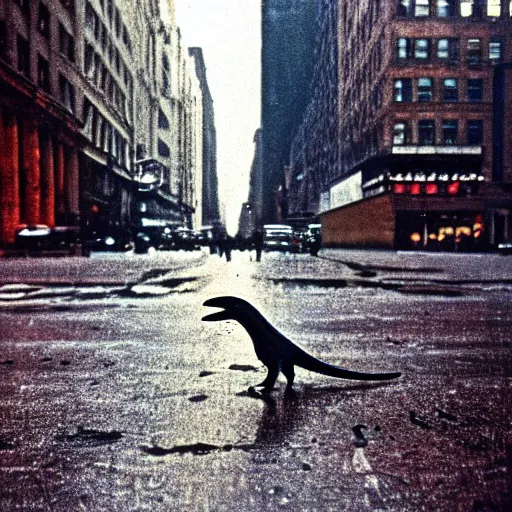 Prompt: a photo by saul leiter of a tiny dinosaur alone in a street of new york, dark and rainy, highly detailed, beautiful
