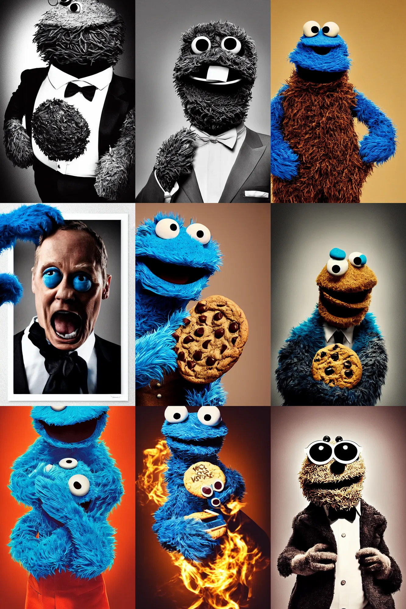 Prompt: cookie monster as a bond villain, dramatic lighting, epic portrait, print ready