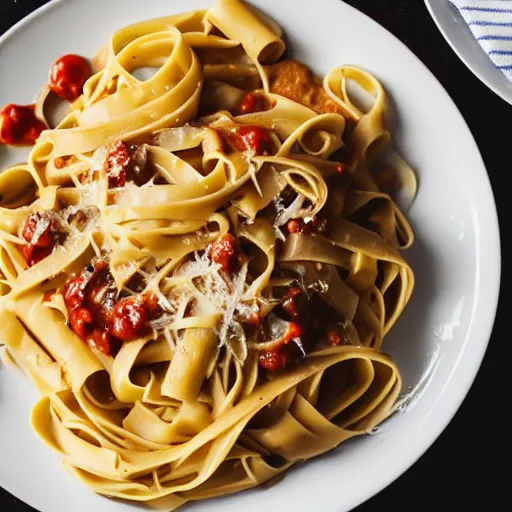 Prompt: a fettuccine pasta with cola sauce, food photography