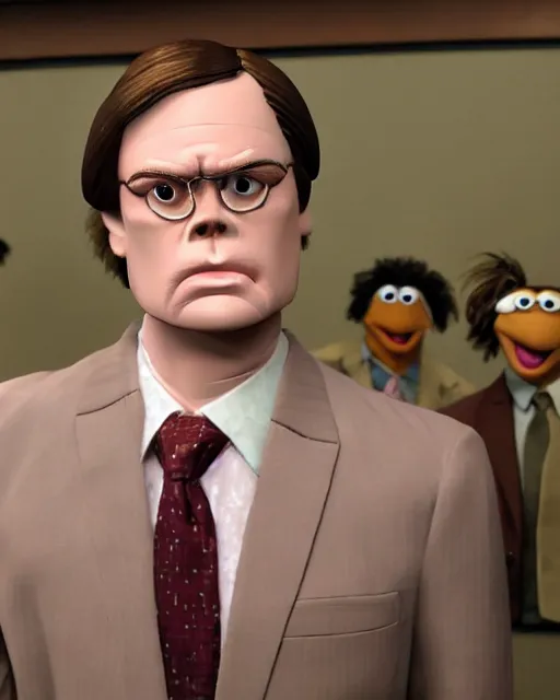 Image similar to dwight schrute with brown suit as a muppet. highly detailed felt. hyper real photo. 4 k.