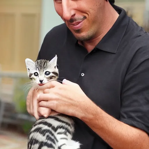 Prompt: adam sandler petting a cute kitten, paparazzi photograph, realistic, back yard, highly detailed