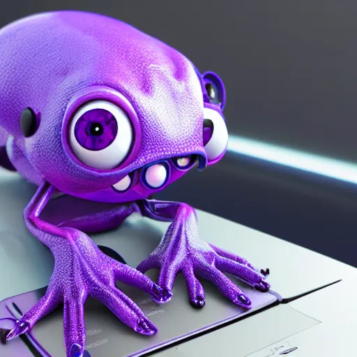 Prompt: cute purple crustacean alien with three eyes and six arms and long nose wearing glasses working at laptop computer hyperrealistic detailed 3d render 4k