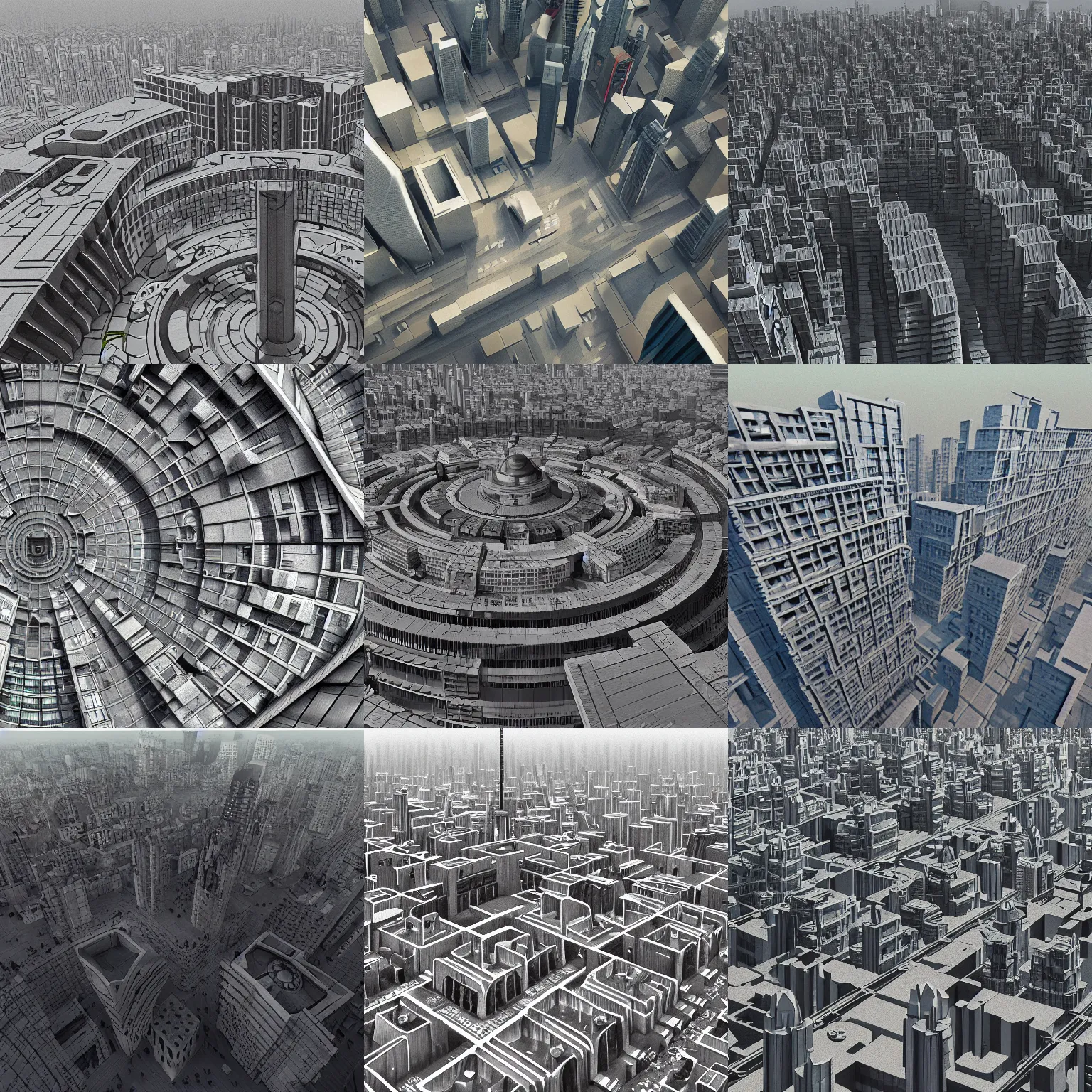 Prompt: matte painting of the bird's eye view of circular cityblock. brutalist soviet architecture. dynamic perspective. urban, detailed digital art trending in artstation